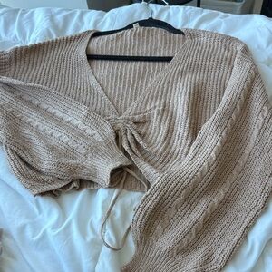 Women's Tan V Neck Scrunched Sweater